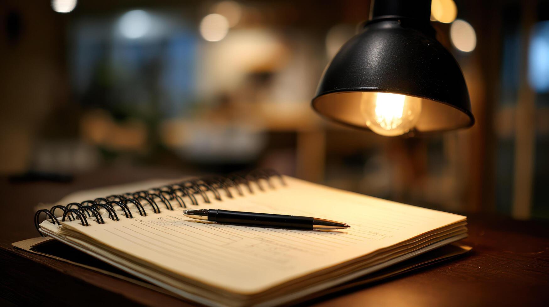 Notitieboek en planner op een bureau bij schemerlicht